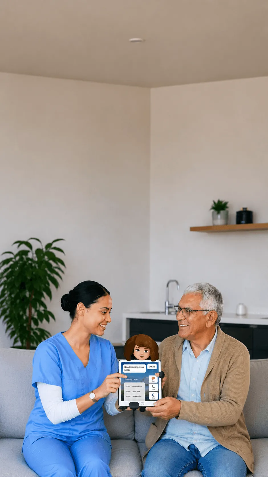 A nurse and an older man smiling at the Lizz tablet together