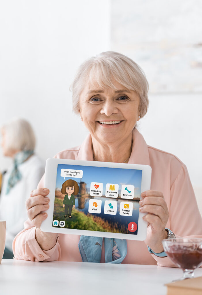 Elder woman holding Lizz tablet