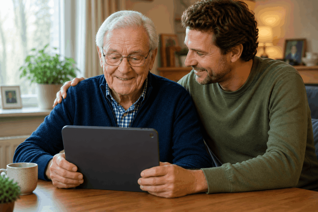 An elderly men together with his son looking at the lizz tablet